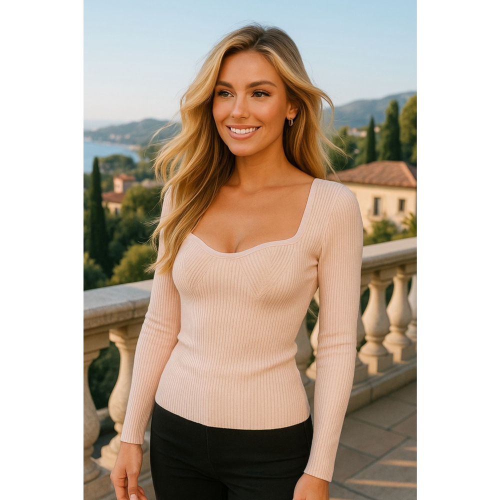 Ribbed Square Neck Fitted Peach Top Clean Girl City Streetwear Parisian Scandi M
